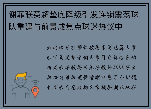 谢菲联英超垫底降级引发连锁震荡球队重建与前景成焦点球迷热议中